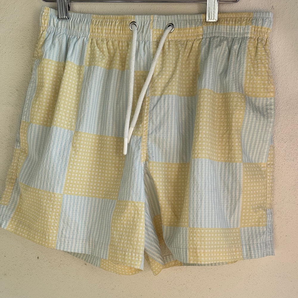 Zara Men's Swim Trunks in Yellow and Light Blue, 5 inch inseam